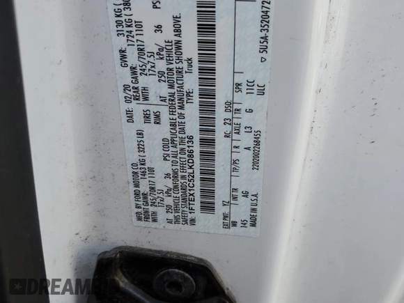 2020 Ford F-150 XL with VIN 1FTEX1C52LKD86136, listed as a Copart auction lot 77945564 with 30,446 mi miles and Salvage Title. Bid and sale history available at DreamBid. Image 12.