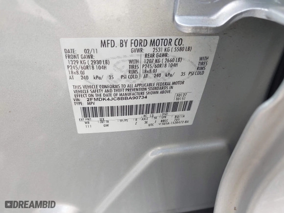 2011 Ford Edge SEL with VIN 2FMDK4JC8BBA90734, listed as a IAAI auction lot 41812079 with 121,947 mi miles. Bid and sale history available at carsss.com. Image 9.