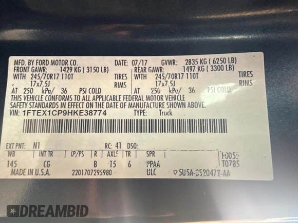 2017 Ford F-150 XL with VIN 1FTEX1CP9HKE38774, listed as a Copart auction lot 44837295 with 135,609 mi miles and Clean Title. Bid and sale history available at carsss.com. Image 10.