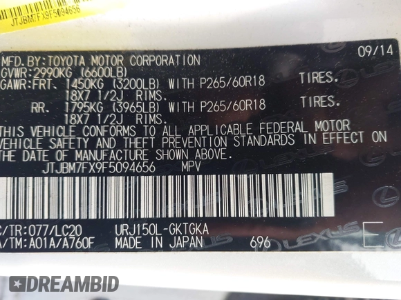 2015 Lexus GX 460 with VIN JTJBM7FX9F5094656, listed as a IAAI auction lot 42649277 with 156,967 mi miles and . Bid and sale history available at DreamBid. Image 9.