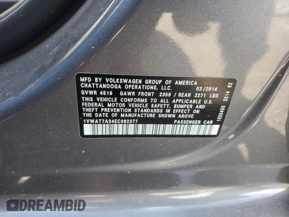 2014 Volkswagen Passat Wolfsburg Edition with VIN 1VWAT7A34EC082377, listed as a Copart auction lot 52820235 with 196,901 mi miles and Salvage title. Bid and sale history available at DreamBid. Image 12.