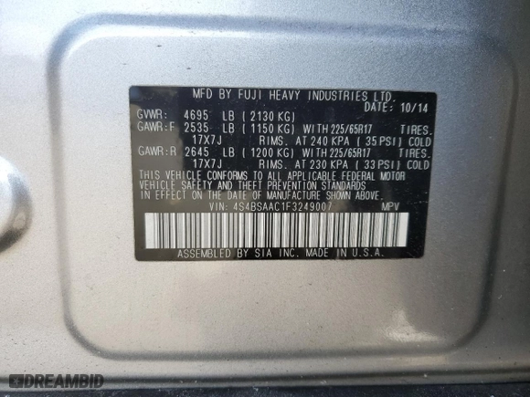 2015 Subaru Outback 2.5i with VIN 4S4BSAAC1F3249007, listed as a Copart auction lot 46246265 with 186,751 mi miles and Clean Title. Bid and sale history available at carsss.com. Image 13.