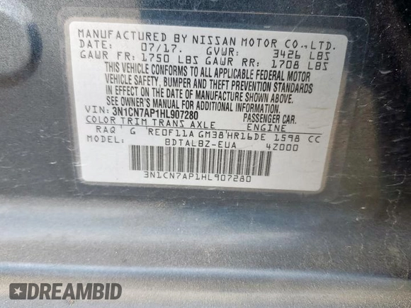 2017 Nissan Versa SV z VIN 3N1CN7AP1HL907280, wystawiony jako Copart lot #59500775 z przebiegiem 95 117 mil mil oraz Szkoda całkowita • Salvage title. Historia ofert i sprzedaży dostępna na DreamBid. Obrazek 12.