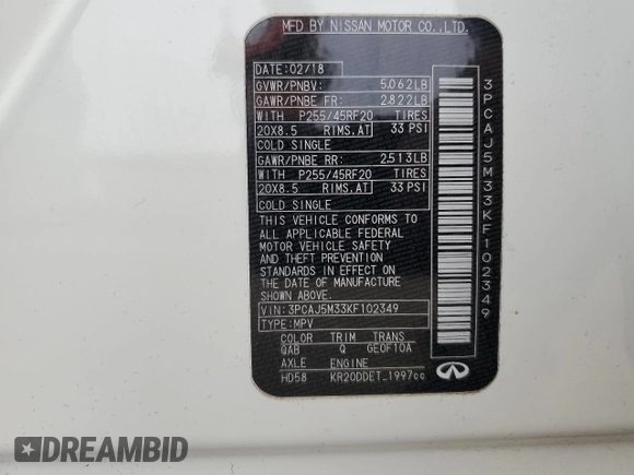 2019 Infiniti QX50 Essential with VIN 3PCAJ5M33KF102349, listed as a Copart auction lot 50349125 with 147,683 mi miles and Salvage Title. Bid and sale history available at DreamBid. Image 16.