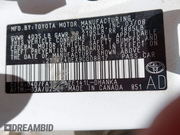 2009 Toyota Matrix S z VIN 2T1KE40EX9C008817, wystawiony jako IAAI lot #42866283 z przebiegiem 321 201 mil mil oraz . Historia ofert i sprzedaży dostępna na DreamBid. Obrazek 9.