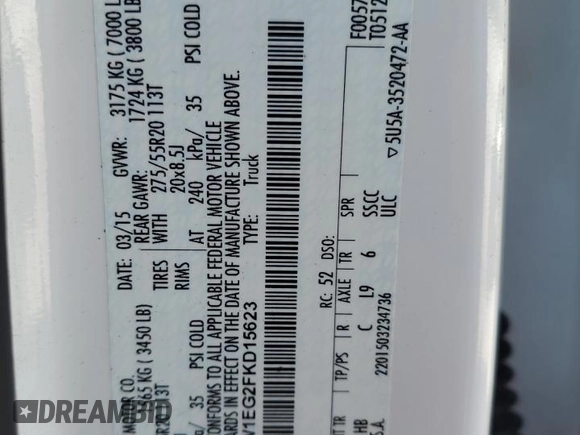 2015 Ford F-150 XLT with VIN 1FTEW1EG2FKD15623, listed as a Copart auction lot 53077675 with 216,368 mi miles and Salvage Title. Bid and sale history available at DreamBid. Image 12.