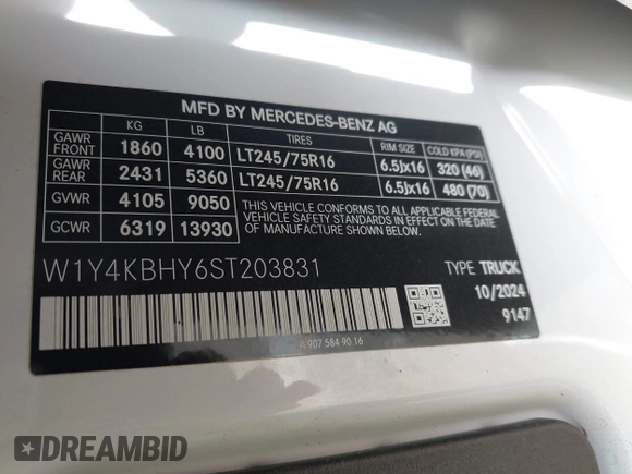 2025 Mercedes-Benz Sprinter Cargo with VIN W1Y4KBHY6ST203831, listed as a IAAI auction lot 42173474 with 4,382 mi miles and . Bid and sale history available at carsss.com. Image 9.