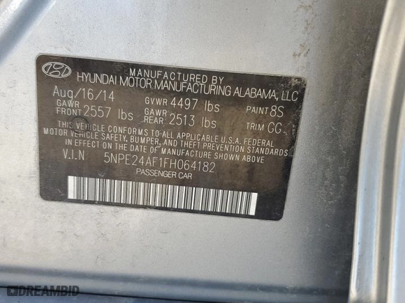 2015 Hyundai Sonata 2.4L SE with VIN 5NPE24AF1FH064182, listed as a Copart auction lot 52184035 with 105,906 mi miles and Salvage Title. Bid and sale history available at carsss.com. Image 12.