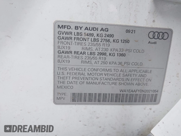 2022 Audi Q5 S line Premium Plus with VIN WA1EAAFY0N2021054, listed as a IAAI auction lot 42296927 with 27,310 mi miles and . Bid and sale history available at DreamBid. Image 9.
