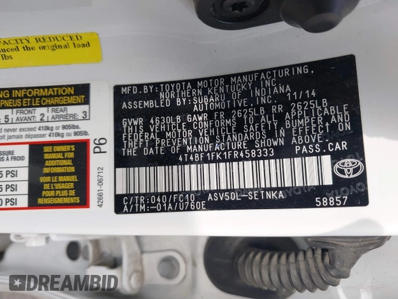 2015 Toyota Camry XLE с VIN 4T4BF1FK1FR458333, выставлен на аукционе IAAI как лот 41585363 с пробегом 118 413 миль миль и . История ставок и продаж доступна на DreamBid. Изображение 9.