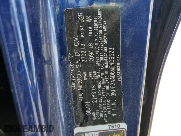 2021 Kia Forte LXS with VIN 3KPF24AD8ME406523, listed as a Copart auction lot 59839175 with Not provided miles and Clean title. Bid and sale history available at DreamBid. Image 13.