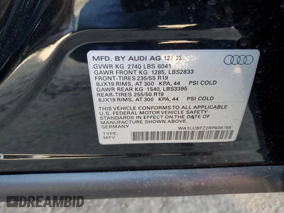 2024 Audi Q4 e-tron Premium Plus with VIN WA1LUBFZ2RP036788, listed as a Copart auction lot 47398845 with 2,034 mi miles and Salvage Title. Bid and sale history available at DreamBid. Image 13.
