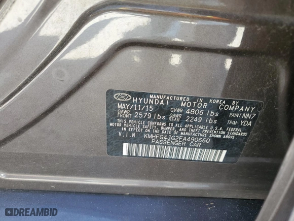 2015 Hyundai Azera with VIN KMHFG4JG2FA490660, listed as a Copart auction lot 77157344 with 0 mi miles and Salvage Title. Bid and sale history available at carsss.com. Image 12.