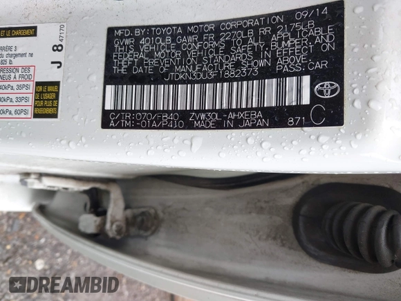 2015 Toyota Prius Four with VIN JTDKN3DU3F1882373, listed as a IAAI auction lot 42103396 with 240,242 mi miles. Bid and sale history available at carsss.com. Image 9.