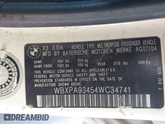 2004 BMW X3 3.0i with VIN WBXPA93454WC34741, listed as a IAAI auction lot 41728485 with 268,922 mi miles. Bid and sale history available at carsss.com. Image 9.