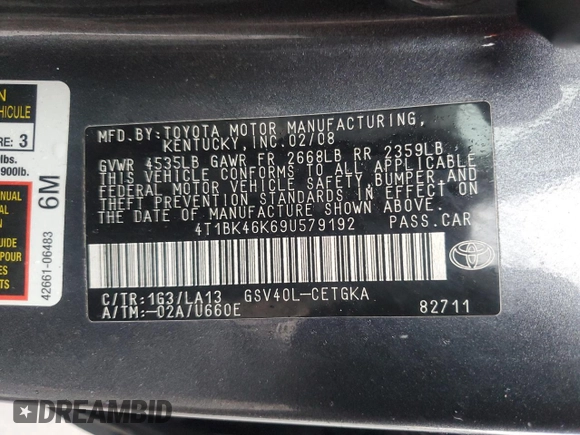 2009 Toyota Camry LE with VIN 4T1BK46K69U579192, listed as a Copart auction lot 44104395 with 154,859 mi miles and Salvage Title. Bid and sale history available at carsss.com. Image 12.