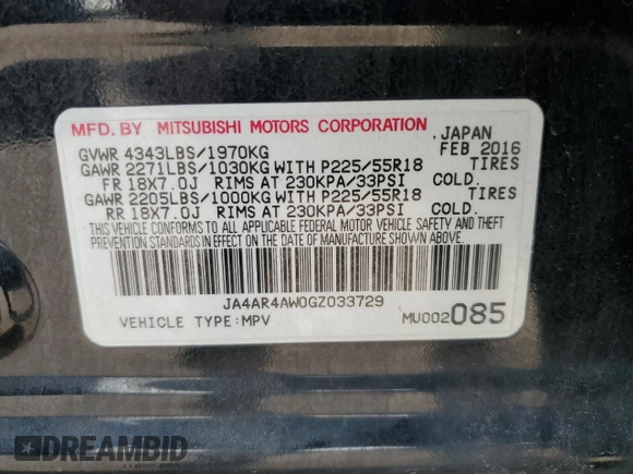 2016 Mitsubishi Outlander SEL с VIN JA4AR4AW0GZ033729, выставлен на аукционе Copart как лот 59949725 с пробегом 118 212 миль миль и Чистый • Clean title. История ставок и продаж доступна на DreamBid. Изображение 13.