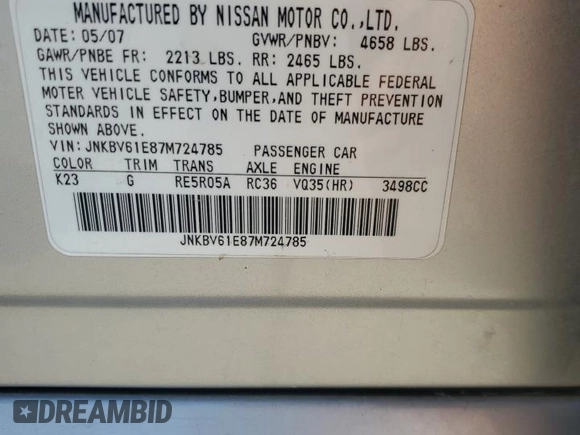 2007 Infiniti G35 Journey with VIN JNKBV61E87M724785, listed as a Copart auction lot 57032044 with Not Provided miles and Non Repairable. Bid and sale history available at DreamBid. Image 12.
