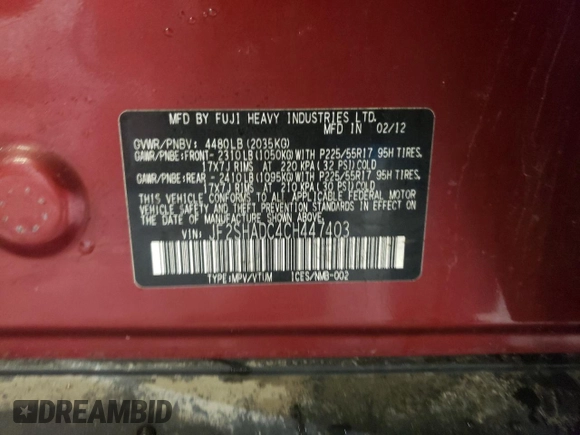 2012 Subaru Forester X Premium with VIN JF2SHADC4CH447403, listed as a Copart auction lot 55883455 with 150,601 mi miles and Clean Title. Bid and sale history available at DreamBid. Image 13.