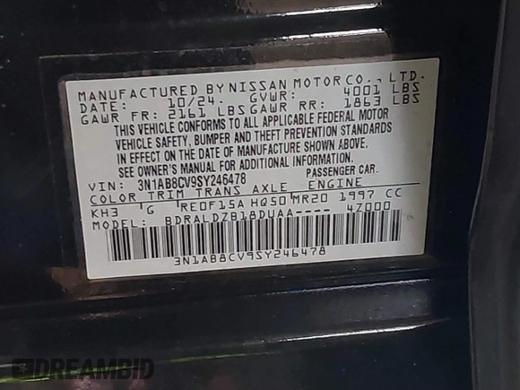 2025 Nissan Sentra SV with VIN 3N1AB8CV9SY246478, listed as a IAAI auction lot 41694713 with 976 mi miles. Bid and sale history available at carsss.com. Image 9.