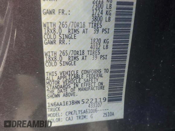 2017 Nissan Titan S with VIN 1N6AA1EJ8HN522119, listed as a Copart auction lot 42804705 with 139,582 mi miles and Salvage Title. Bid and sale history available at carsss.com. Image 12.