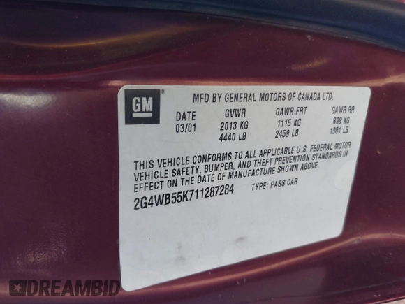 2001 Buick Regal LS with VIN 2G4WB55K711287284, listed as a IAAI auction lot 42524662 with Not provided miles and . Bid and sale history available at DreamBid. Image 9.