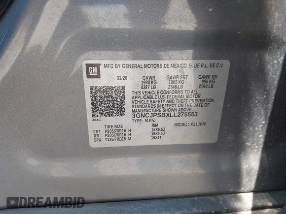 2020 Chevrolet Trax LT with VIN 3GNCJPSBXLL275553, listed as a IAAI auction lot 42244910 with 79,130 mi miles and . Bid and sale history available at DreamBid. Image 9.