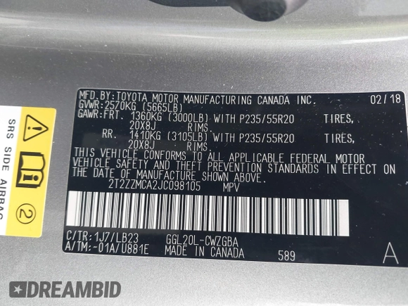2018 Lexus RX 350 with VIN 2T2ZZMCA2JC098105, listed as a IAAI auction lot 42200869 with 52,323 mi miles and . Bid and sale history available at DreamBid. Image 9.