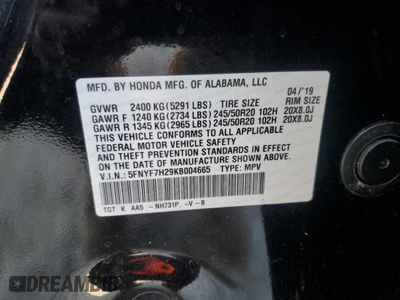 2019 Honda Passport Sport z VIN 5FNYF7H29KB004665, wystawiony jako Copart lot #87881715 z przebiegiem 104 455 mil mil oraz Szkoda całkowita • Salvage title. Historia ofert i sprzedaży dostępna na DreamBid. Obrazek 13.