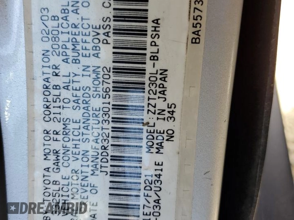 2003 Toyota Celica GT with VIN JTDDR32T330156702, listed as a Copart auction lot 76838154 with 163,692 mi miles and Salvage Title. Bid and sale history available at carsss.com. Image 12.