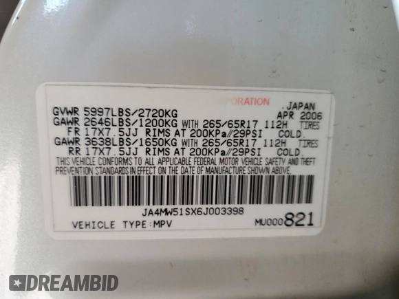 2006 Mitsubishi Montero Limited z VIN JA4MW51SX6J003398, wystawiony jako Copart lot #70511684 z przebiegiem 167 981 mil mil oraz Tytuł czysty. Historia ofert i sprzedaży dostępna na DreamBid. Obrazek 12.