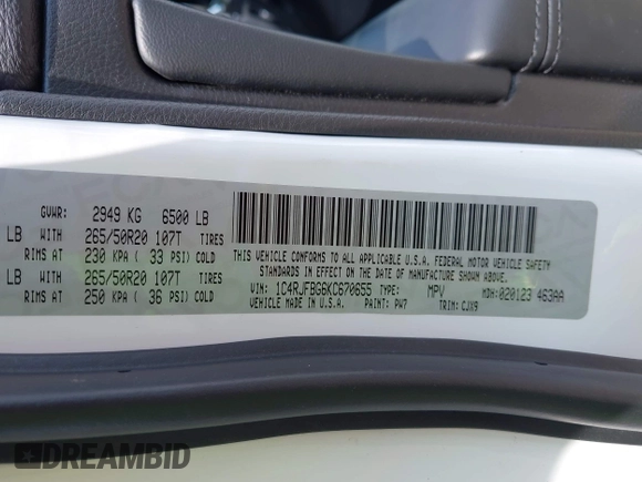 2019 Jeep Grand Cherokee Limited with VIN 1C4RJFBG6KC670655, listed as a IAAI auction lot 42476569 with 49,835 mi miles and . Bid and sale history available at DreamBid. Image 9.