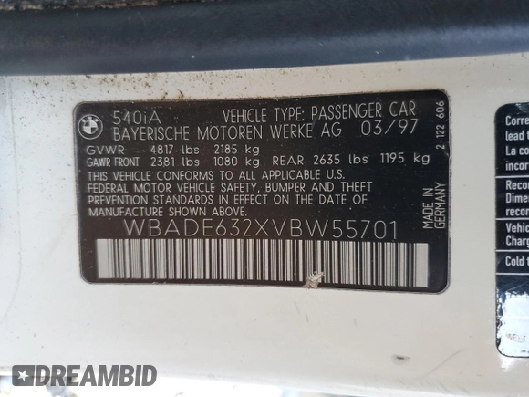 1997 BMW 5 Series 540iA with VIN WBADE632XVBW55701, listed as a Copart auction lot 46239985 with 14,252 mi miles and Clean Title. Bid and sale history available at carsss.com. Image 12.