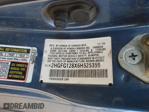 2006 Honda Civic Cpe EX with VIN 2HGFG128X6H525359, listed as a Copart auction lot 67657284 with 162,571 mi miles and Salvage Title. Bid and sale history available at carsss.com. Image 14.