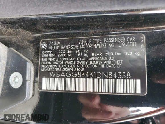 2001 BMW 7 Series 740i with VIN WBAGG83431DN84358, listed as a Copart auction lot 78825624 with 220,545 mi miles and Clean title. Bid and sale history available at DreamBid. Image 12.