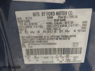 2012 Ford F-150 XL with VIN 1FTFW1ET7CFA56763, listed as a IAAI auction lot 41770505 with 198,568 mi miles. Bid and sale history available at carsss.com. Image 9.