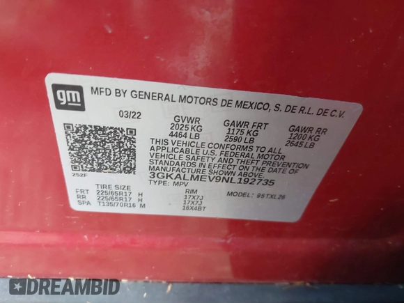 2022 GMC Terrain SLE z VIN 3GKALMEV9NL192735, wystawiony jako IAAI lot #41929320 z przebiegiem Nie podano mil oraz . Historia ofert i sprzedaży dostępna na DreamBid. Obrazek 9.