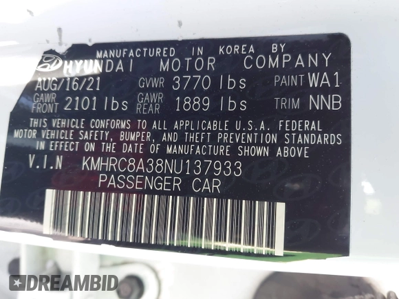 2022 Hyundai Venue Limited with VIN KMHRC8A38NU137933, listed as a IAAI auction lot 42254522 with 72,596 mi miles and . Bid and sale history available at DreamBid. Image 9.