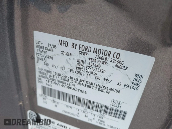 2009 Ford F-150 XL with VIN 1FTPW14V39FA27888, listed as a IAAI auction lot 41692093 with 108,397 mi miles and . Bid and sale history available at DreamBid. Image 9.