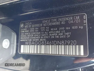2001 BMW 7 Series 740iA with VIN WBAGG83461DN87920, listed as a IAAI auction lot 41932224 with 1 mi miles. Bid and sale history available at carsss.com. Image 9.