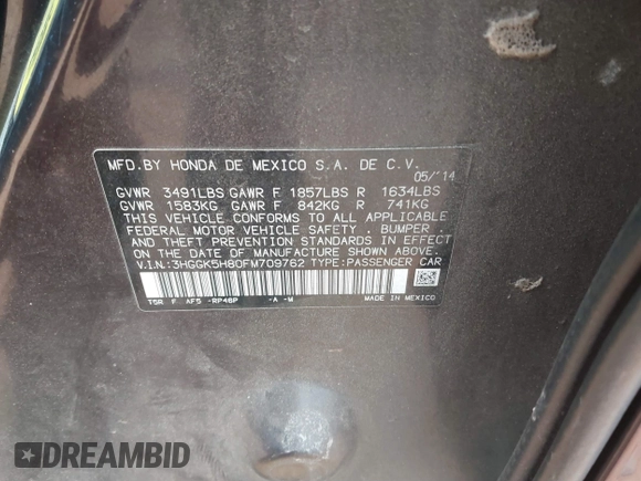 2015 Honda Fit EX-L with VIN 3HGGK5H80FM709762, listed as a IAAI auction lot 41617215 with Not Provided miles and . Bid and sale history available at DreamBid. Image 9.