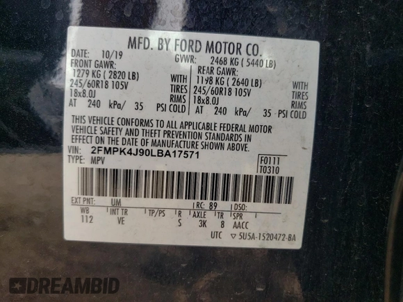 2020 Ford Edge SEL with VIN 2FMPK4J90LBA17571, listed as a Copart auction lot 60316135 with 92,546 mi miles and Salvage title. Bid and sale history available at DreamBid. Image 13.