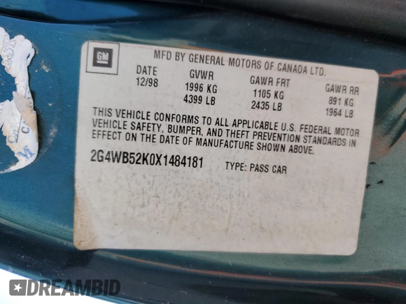 1999 Buick Regal LS with VIN 2G4WB52K0X1484181, listed as a Copart auction lot 44863565 with 96,274 mi miles and Salvage Title. Bid and sale history available at carsss.com. Image 12.