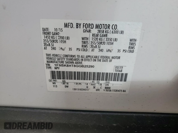 2016 Ford Explorer Platinum with VIN 1FM5K8HT8GGB25290, listed as a Copart auction lot 54882715 with 104,299 mi miles and Salvage Title. Bid and sale history available at DreamBid. Image 13.