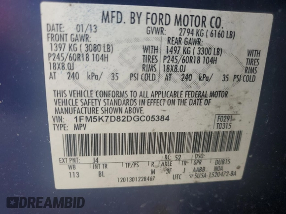 2013 Ford Explorer XLT z VIN 1FM5K7D82DGC05384, wystawiony jako Copart lot #54726575 z przebiegiem 136 588 mil mil oraz Szkoda całkowita • Salvage title. Historia ofert i sprzedaży dostępna na DreamBid. Obrazek 13.