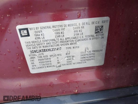 2017 Chevrolet Trax LS with VIN 3GNCJKSBXHL231417, listed as a IAAI auction lot 42032587 with 56,986 mi miles. Bid and sale history available at carsss.com. Image 9.