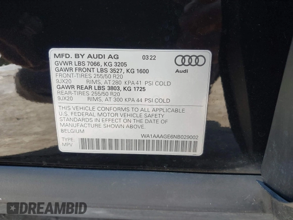 2022 Audi e-tron Premium with VIN WA1AAAGE6NB029002, listed as a IAAI auction lot 40856287 with 60,240 mi miles. Bid and sale history available at carsss.com. Image 9.