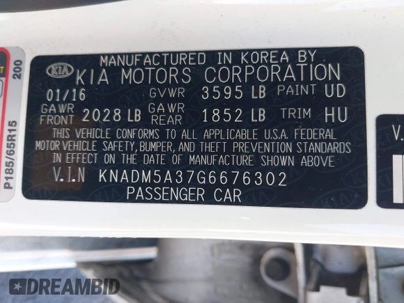 2016 Kia Rio LX with VIN KNADM5A37G6676302, listed as a IAAI auction lot 41937880 with 51,599 mi miles and . Bid and sale history available at DreamBid. Image 9.