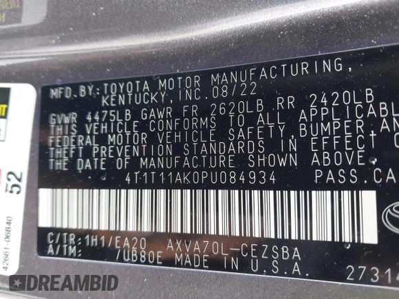 2023 Toyota Camry SE z VIN 4T1T11AK0PU084934, wystawiony jako IAAI lot #41962805 z przebiegiem 39 395 mil mil oraz . Historia ofert i sprzedaży dostępna na DreamBid. Obrazek 9.