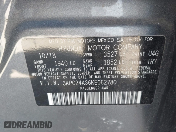 2019 Hyundai Accent SE with VIN 3KPC24A36KE062780, listed as a IAAI auction lot 42031921 with 68,331 mi miles. Bid and sale history available at carsss.com. Image 9.